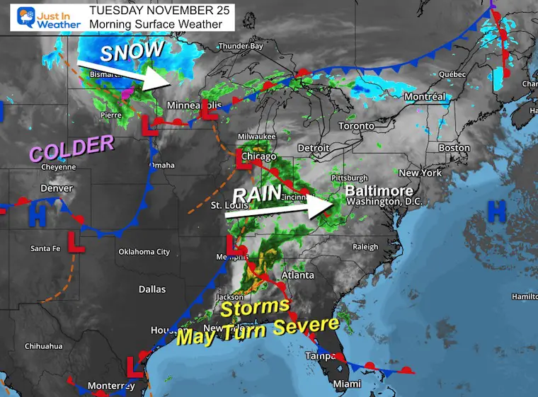 November 25 weather storm map Tuesday morning