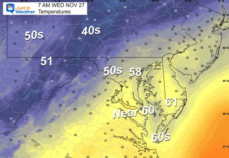 November 25 weather temperatures Wednesday morning