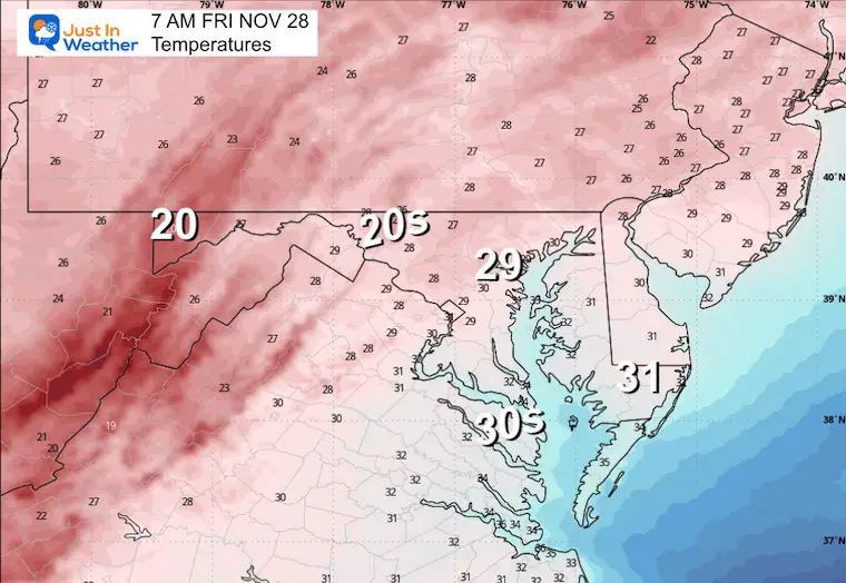 November 26 weather temperatures Black Friday morning