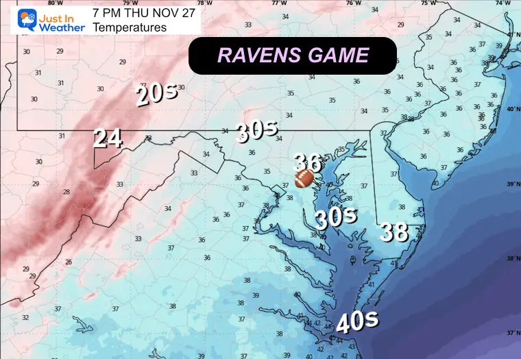 November 26 weather temperatures Thanksgiving Thursday night Ravens Game
