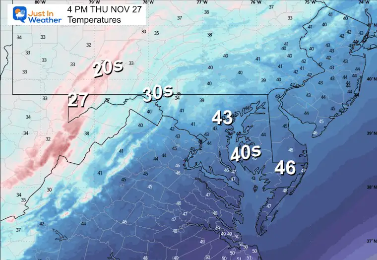 November 26 weather temperatures Thanksgiving Thursday afternoon