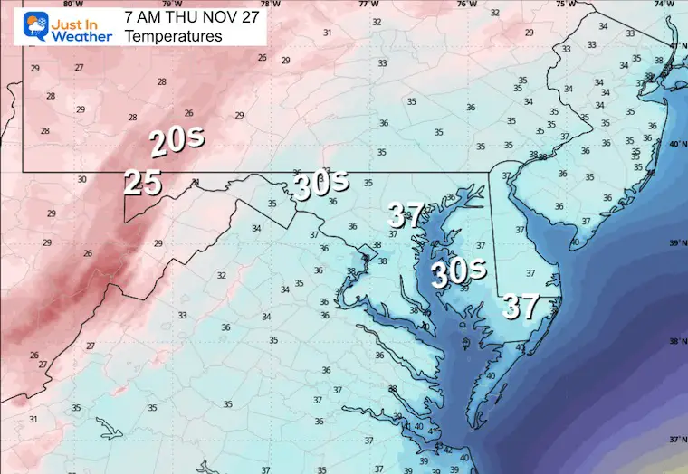 November 26 weather temperatures Thanksgiving Morning