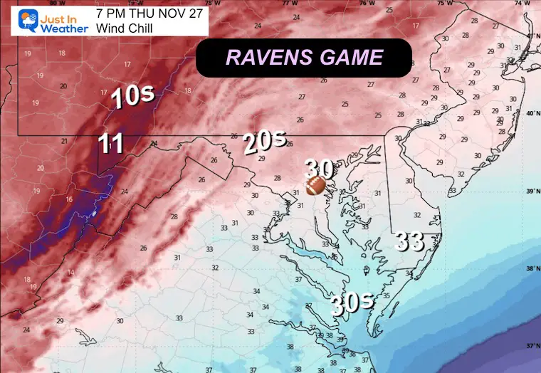 November 26 weather wind chill Thanksgiving Thursday night Ravens Game