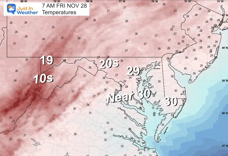 November 27 weather temperatures Friday morning
