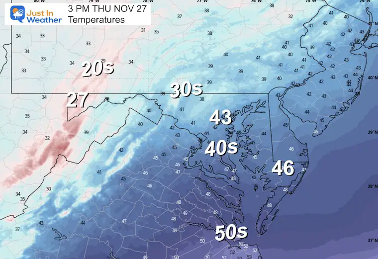 November 27 weather temperatures forecast Thanksgiving Thursday afternoon