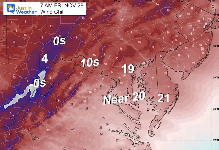 November 27 weather wind chill Friday morning