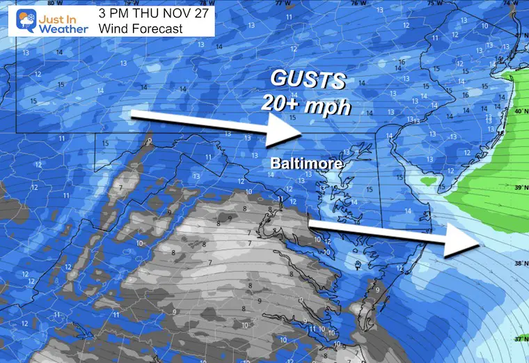 November 27 weather wind forecast Thanksgiving Thursday afternoon