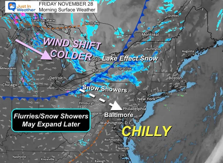 November 28 weather wind cold snow Friday morning