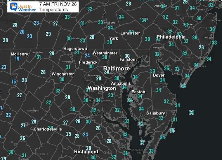 November 28 weather temperatures Friday morning