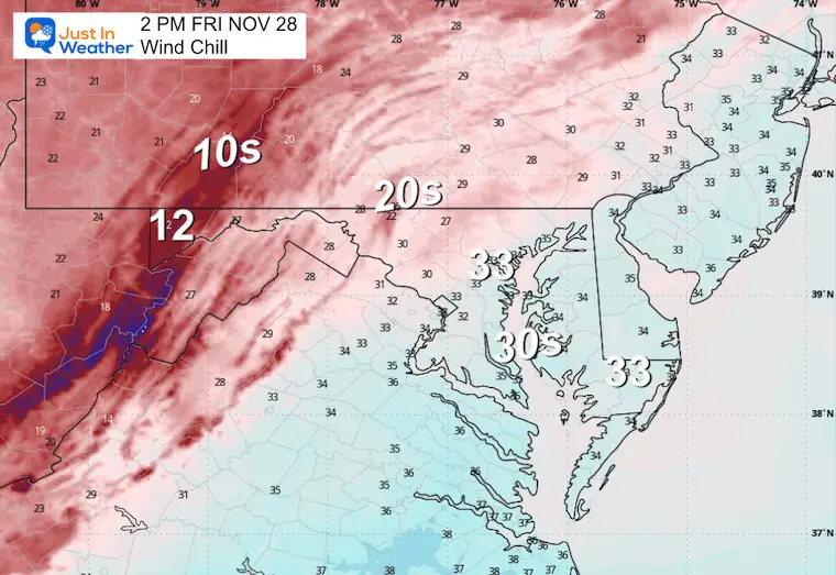 November 28 weather wind chill Friday afternoon