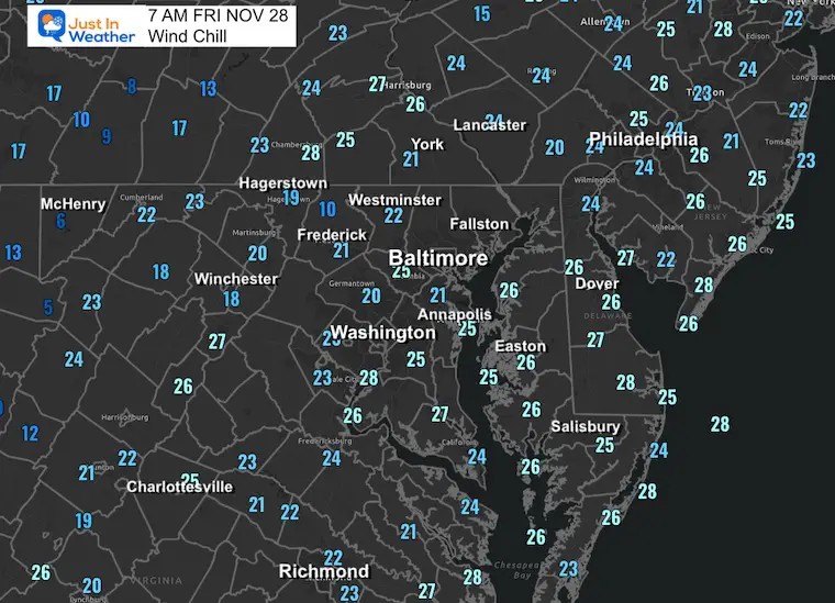 November 28 weather wind chills Friday morning