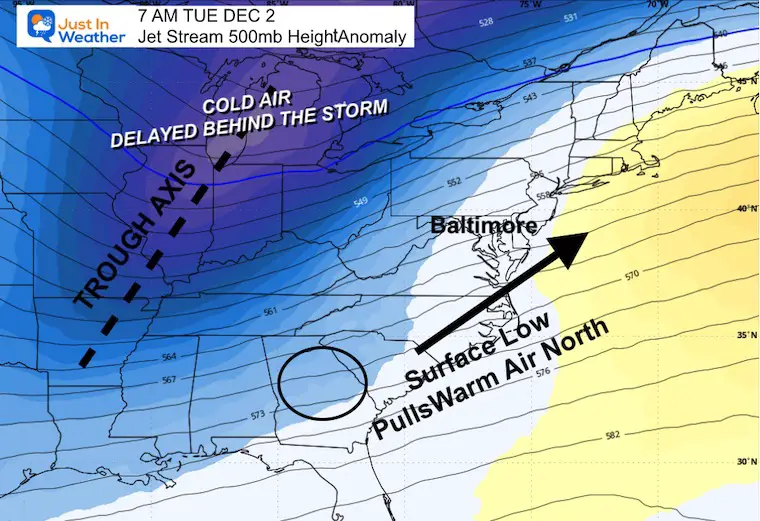 November 29 weather snow storm GFS Jet Stream Height Anomalies Tuesday Morning
