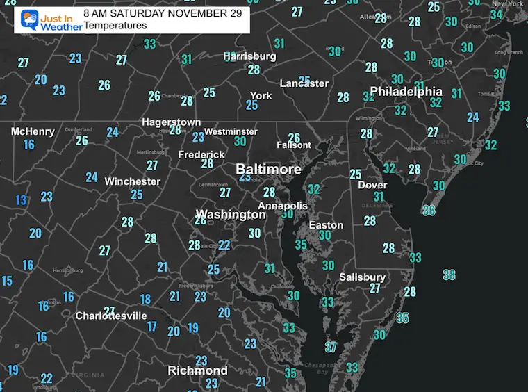 November 29 weather temperatures Saturday morning