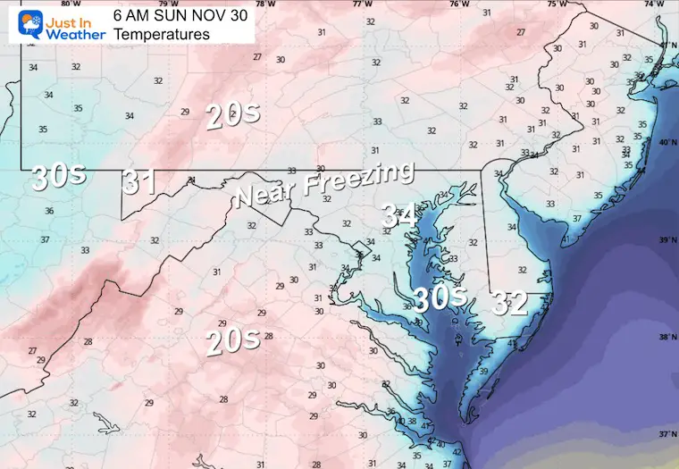 November 29 weather temperatures Sunday morning