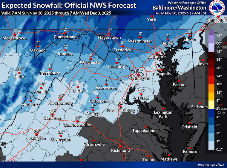 November 30 weather snow total Tuesday NWS