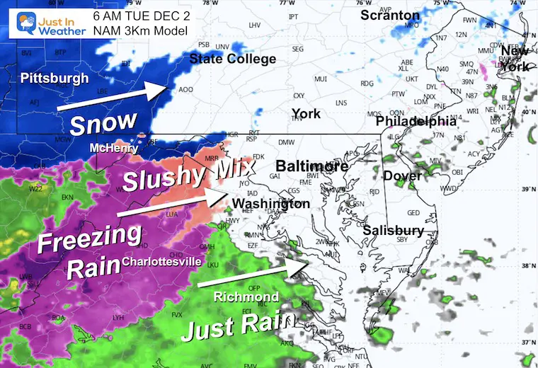 November 30 weather snow ECMWF Model Tuesday Morning NAM