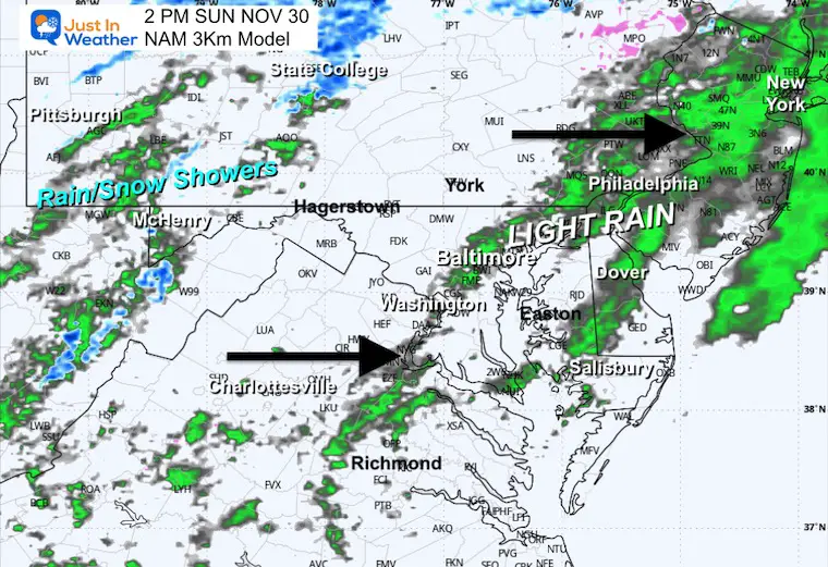 November 30 weather snow radar forecast Sunday Afternoon 2 PM