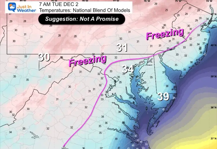 November 30 weather forecast temperatures Tuesday morning