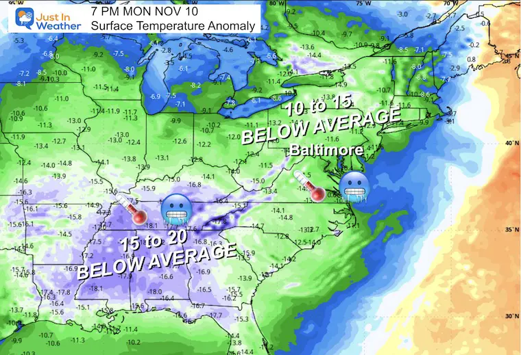 November 4 weather temperature anomaly arctic air Monday