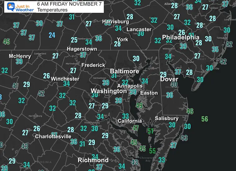 November 7 weather temperatures Friday morning
