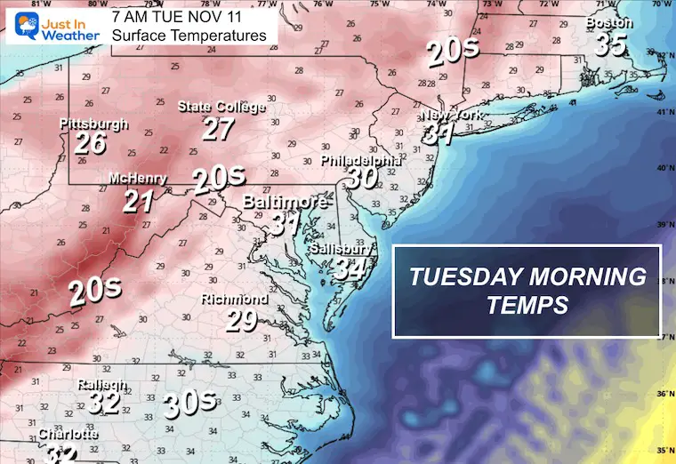 November 7 weather temperatures Tuesday morning