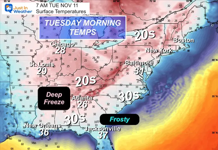November 7 weather temperatures Tuesday morning Eastern US