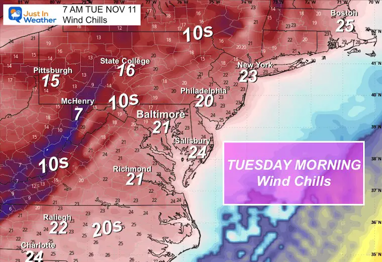 November 7 weather wind chill Tuesday morning