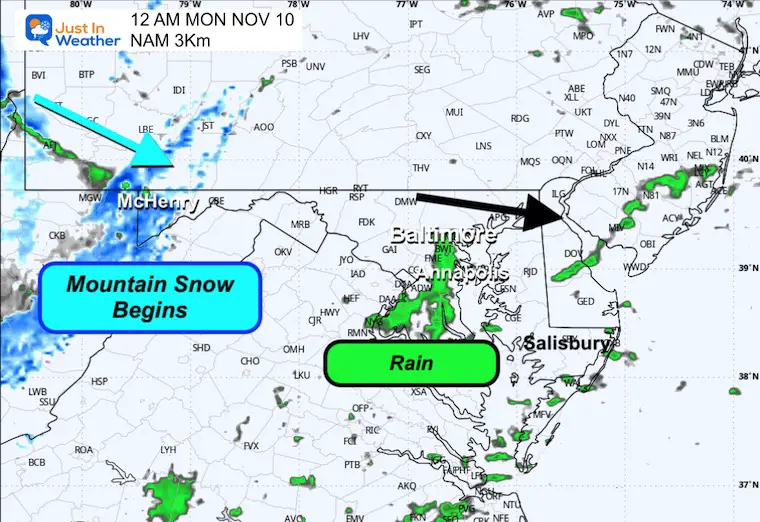 November 8 weather radar snow Sunday night