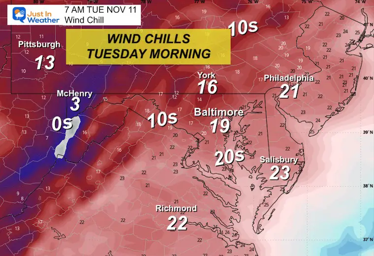 November 9 weather wind chill COLD Tuesday morning