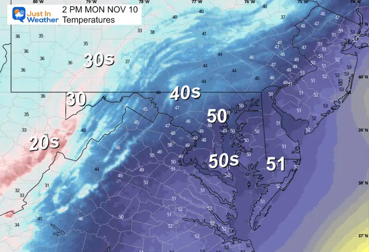November 9 weather forecast temperatures Monday afternoon