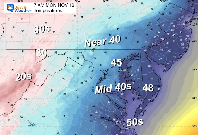 November 9 weather forecast temperatures Monday morning