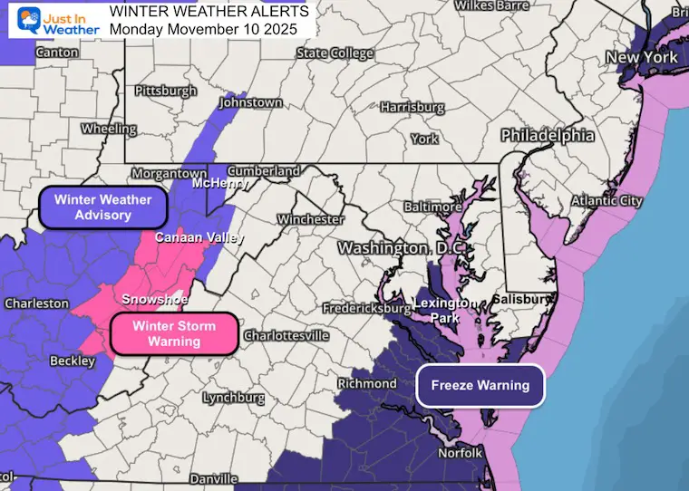 November 10 weather alerts winter snow freeze
