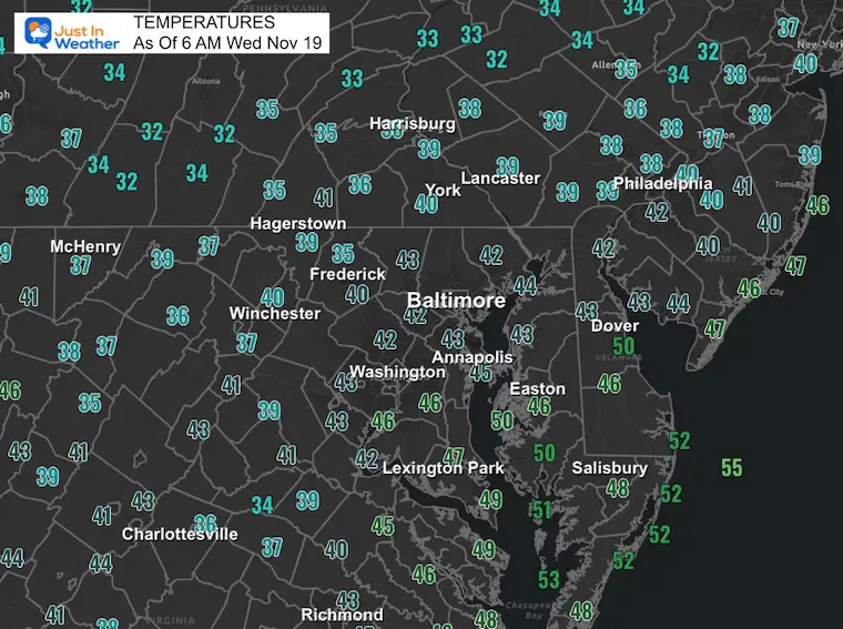 November 19 weather temperatures Wednesday morning