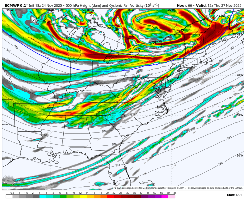 November 24 weather jet stream vorticity snow Friday