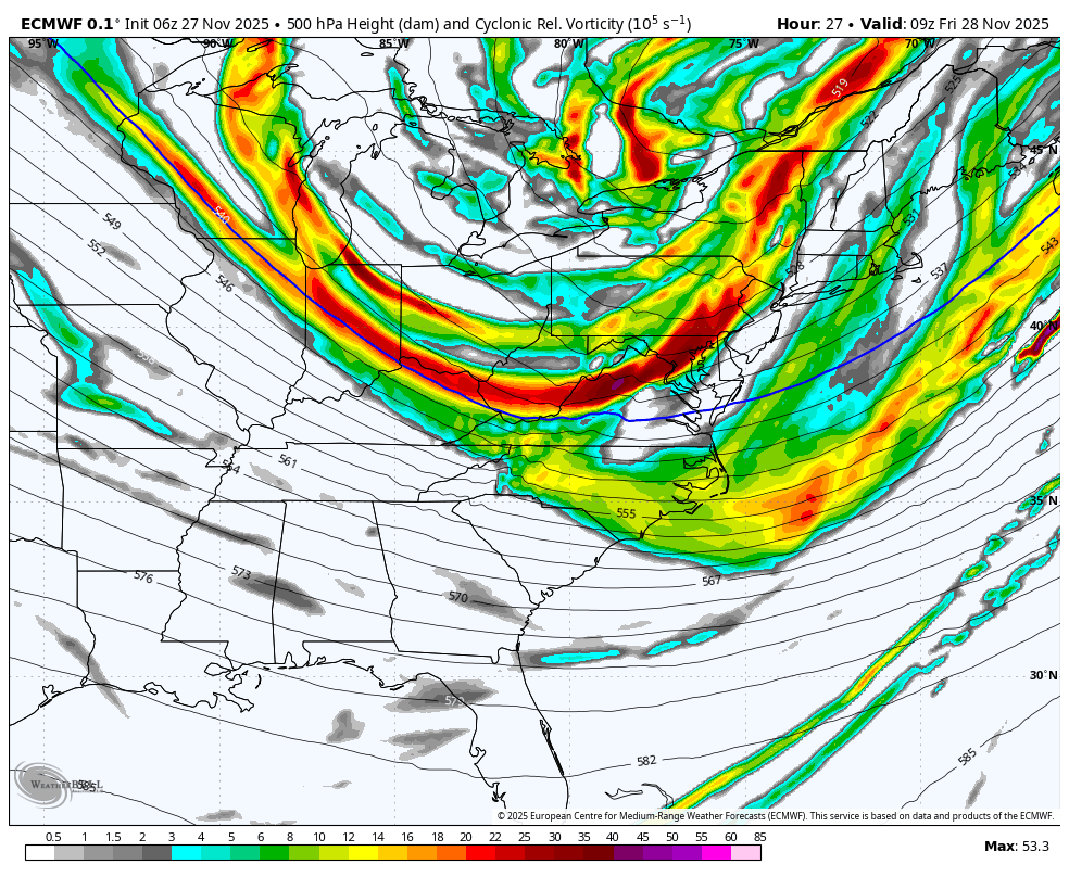 November 27 weather snow jet stream vorticity Friday
