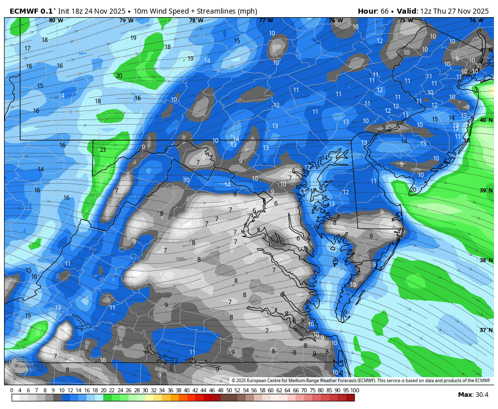 November 24 Thanksgiving Thursday wind forecast