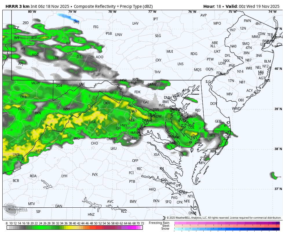 November 18 weather radar rain forecast Tuesday HRRR animation