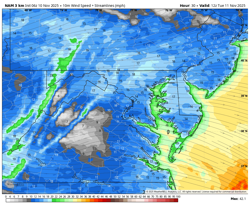 November 10 weather wind forecast Tuesday