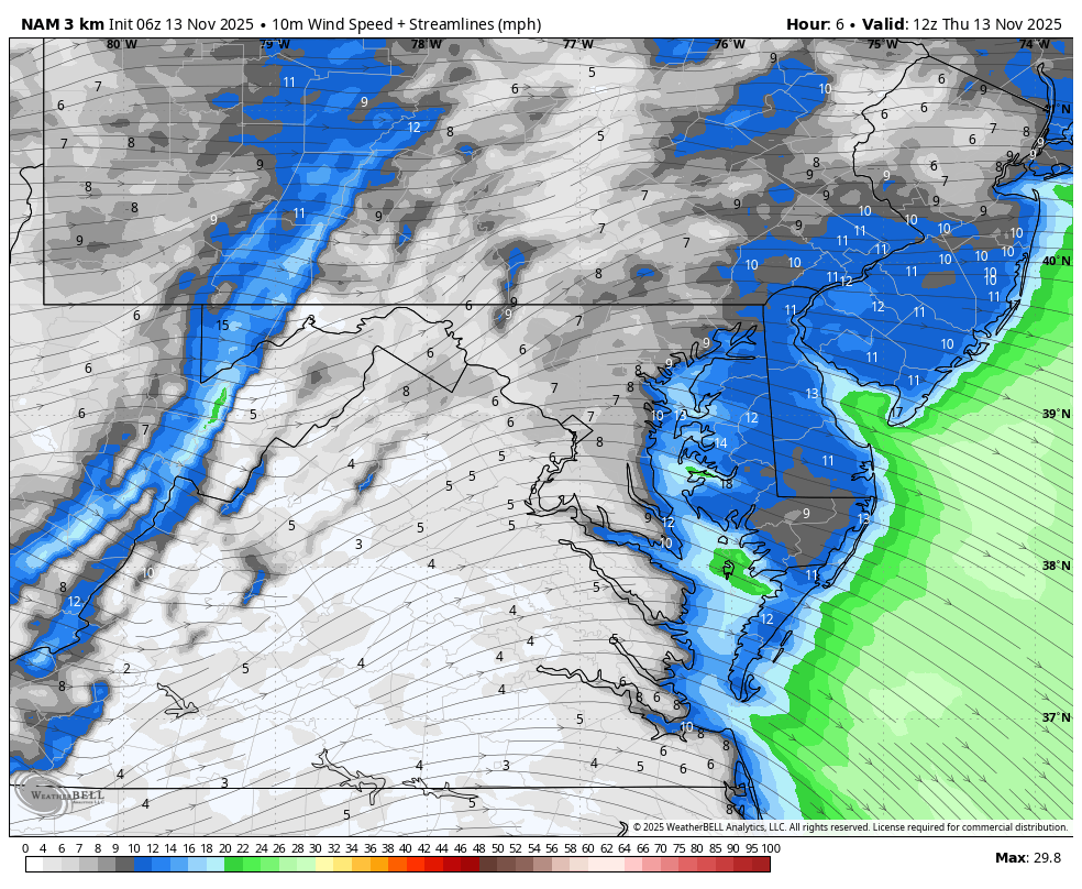 November 13 weather wind forecast Thursday
