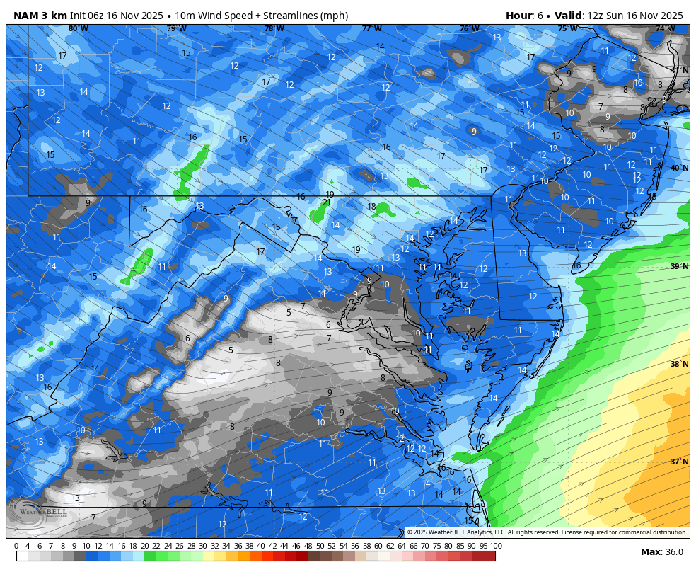 November 16 weather wind forecast Sunday