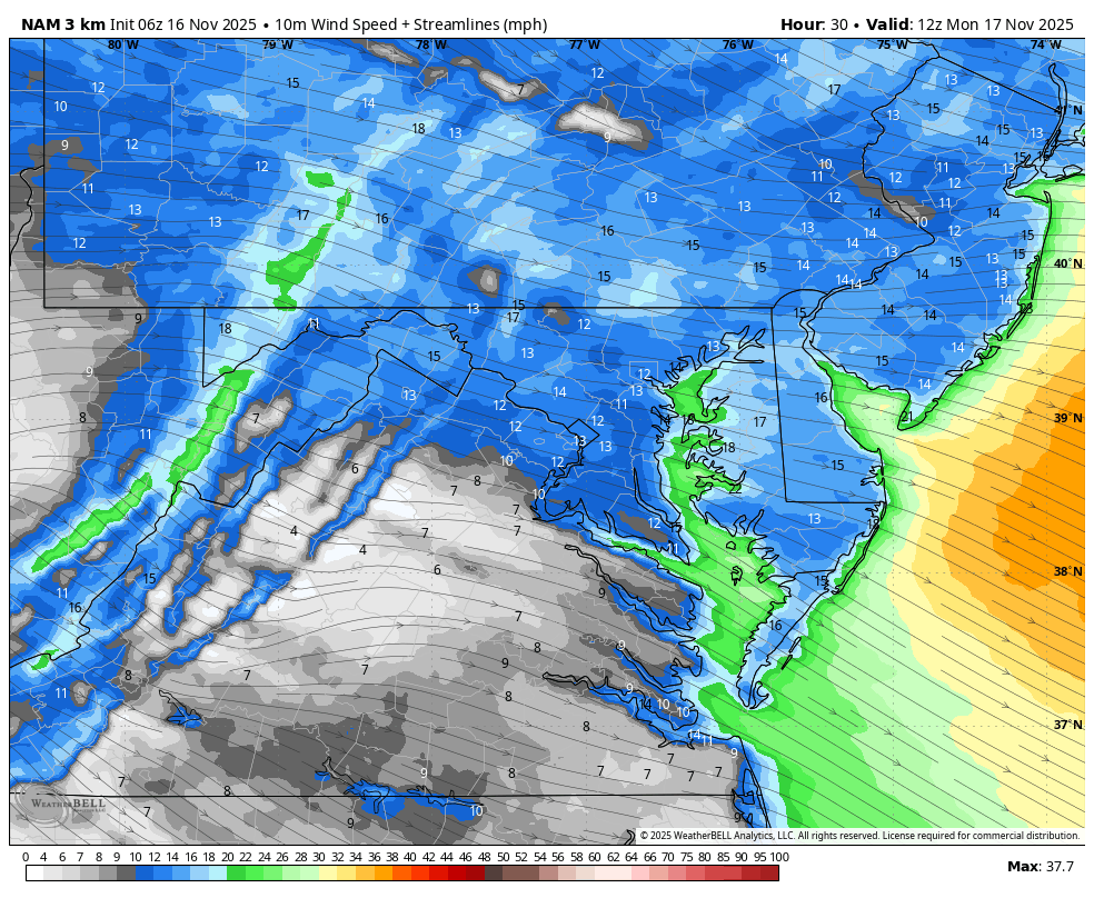 November 16 weather wind forecast Monday