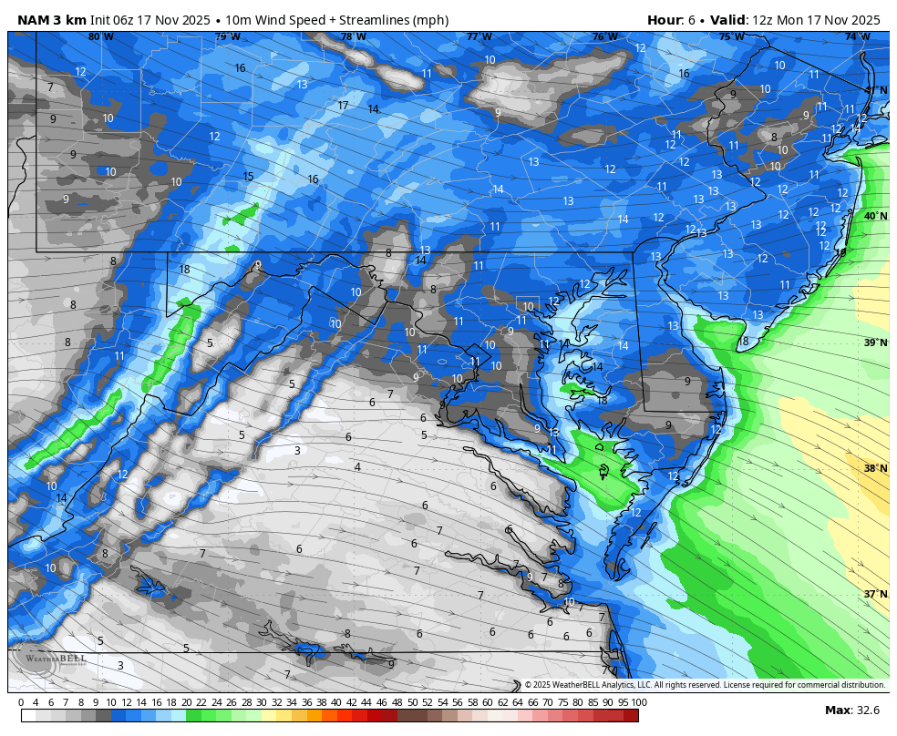 November 17 weather wind forecast Monday