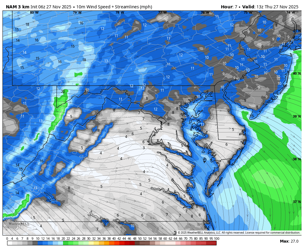November 27 weather wind forecast Thanksgiving Thursday