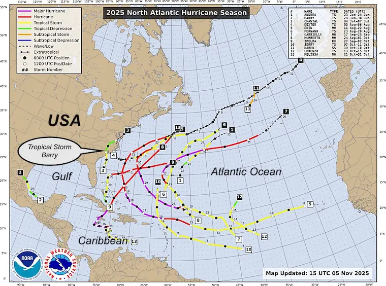 2025 Tropical Storm and Hurricane Tracks Atlantic