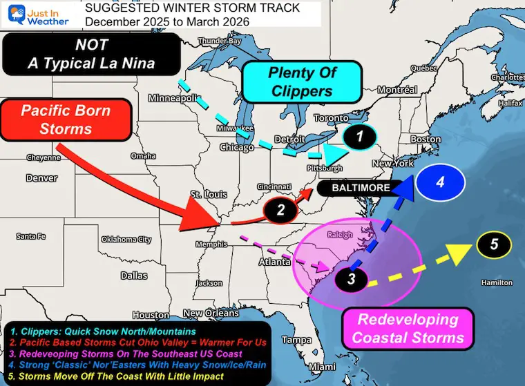 Winter weather storm tracks snow 2025 to 2026