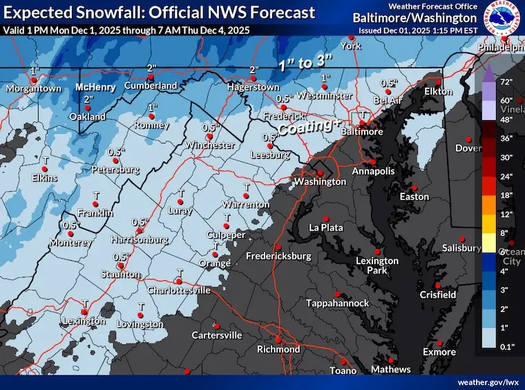 December 1 weather snow forecast National Weather Service Maryland Virginia