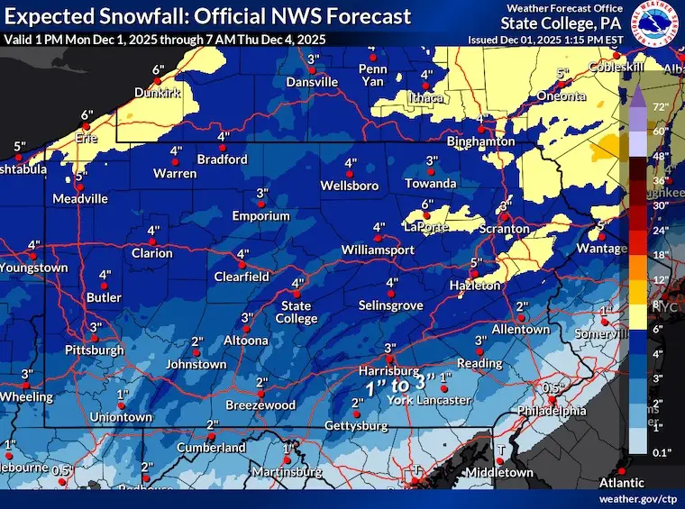 December 1 weather snow forecast National Weather Service Pennsylvania