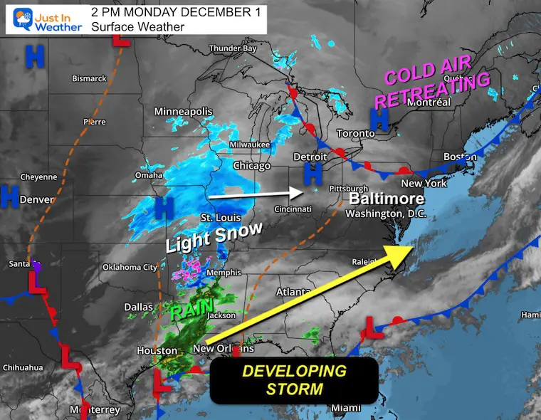 December 1 weather snow map Monday afternoon
