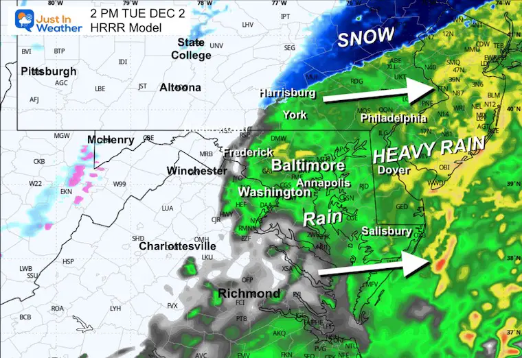 December 1 weather radar snow rain Tuesday Afternoon 2 PM