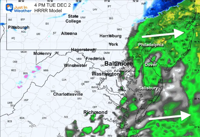 December 1 weather radar snow rain Tuesday Afternoon 4 PM